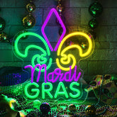 Huquary Fleur-de-Lis Mardi Gras neon light sign glowing with festive purple, green, and gold for home decor