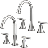 Hurran brushed nickel bathroom faucet pair on vanity for a stylish, durable upgrade.