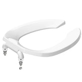 Huttdmel front-open toilet seat on an 18.5-inch elongated bowl for easy access.
