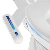 Huttdmel Ultra-Slim Bidet on toilet with sleek profile and space-saving design.