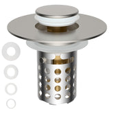 Hygie Rinse universal drain strainer with removable filter basket catching hair and debris.