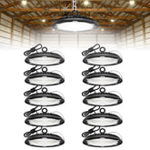 Hyperlite UFO LED High Bay Light 150W front view shows bright, uniform warehouse lighting