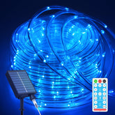 ICRGB 66ft blue solar rope lights illuminate pool edges with a vivid glow.