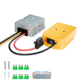 IIXWUQ 20V to 12V step-down converter shown as a compact module for Dewalt batteries, supporting up to 20A.