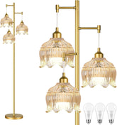 ILLMTW gold floor lamp with amber shade enhances cozy living rooms.