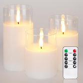 Homemory clear glass flameless candle on table creates warm ambiance.