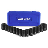 WORKPRO 1/2” Drive Shallow Impact Socket Set (14PCS, 10–27mm) – Cr-V Steel, 6-Point, Case