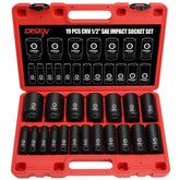 DISEN 19 Pcs SAE Impact Socket Set – Half-Inch Drive, Deep Sockets 3/8