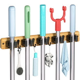 IMILLET bamboo broom holder wall mount with five clips and four hooks keeps tools tidy.