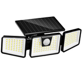 INCX solar motion light with 3 heads brightens outdoor patios and entryways.