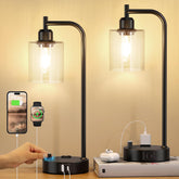 Innqoo industrial nightstand lamps with glass shade in matte black for dual bedside lighting.