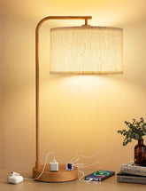 Innqoo wood tall table lamp with USB port and outlet for clutter-free charging