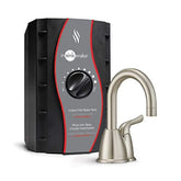 InSinkErator HOT150 satin nickel faucet dispensing near-boiling water for coffee.