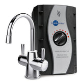 InSinkErator HOT250 stainless steel tank shown under the sink for near boiling water