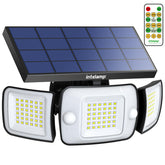 Intelamp solar flood light for front yard illumination and enhanced security.
