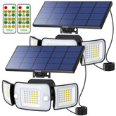 Intelamp three-head outdoor solar lights, front view, with motion sensing for security.