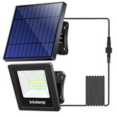 Intelamp solar flood light front view shows broad brightness for outdoor paths and entrances