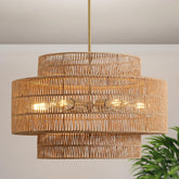 InterMaka boho chandelier handwoven rattan for warm ambient lighting.