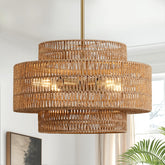 InterMaka boho rattan chandelier with drum shade creates warm dining ambiance