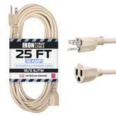 Iron Forge Cable weatherproof 25 ft extension cord on patio, ideal for outdoor lighting.