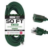 Iron Forge Cable weatherproof 50ft extension cord coiled for outdoor lighting and decor.