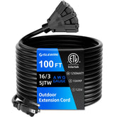 Islewire 100ft outdoor extension cord unspooled for yard power needs.