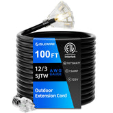 Islewire 100ft outdoor extension cord showing long reach for tools and lights