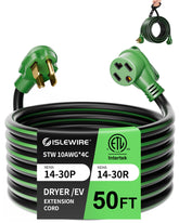 Islewire 30A dryer extension cord, 50 ft, with heavy-duty copper conductors for reliable power delivery.