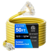 ISLEWIRE 50 ft outdoor extension cord with multiple outlets in yellow for extended outdoor reach.