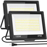 ISUERFY 120W LED flood light outdoor with plug and 5ft cord provides bright, wide-area illumination.