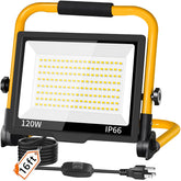 ISUERFY 14400LM LED work light with stand illuminates garages and workshops.