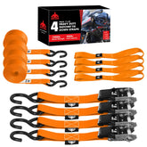 Jack Boss ratchet tie-down set in orange, 1in x 15ft, four-pack for secure cargo.