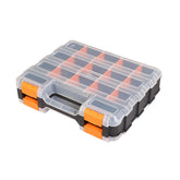 Jack Boss tool box with transparent lid showing organized screws and small parts.