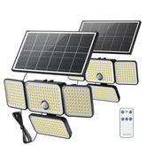 JACKYLED four-head floodlight with motion remote for broad yard illumination.