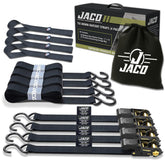 JACO ratchet tie down straps pack of four securing cargo securely with strong straps.
