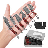 JAEZZIY mini knife set with Damascus blades and wood handle for everyday carry.