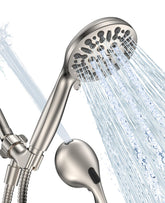 JDO handheld shower head in brushed nickel with adjustable angle for comfortable rinsing.