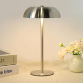 JHWDHD mushroom table lamp in silver tall front view highlights sleek design and portability.