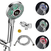 JIEYUMJ LED handheld chrome shower head shows color change for temperature awareness and safety.