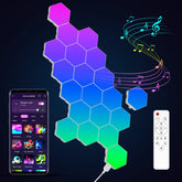 Jimimoro hexagon light panel front view with vibrant RGB colors for a dynamic gaming setup.