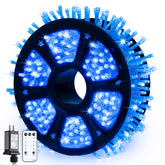 JMEXSUSS 600 blue LED outdoor lights along a house for vibrant holiday enchantment.