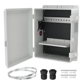 Joinfworld white outdoor box front view, weatherproof enclosure for outdoor WiFi devices.