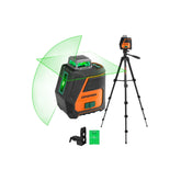 Jorgensen 360° laser level provides full-room alignment lines for quick setup.