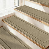 JSEI non-slip stair treads on beige wood stairs for secure footing.