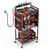 JUNNUJ garage power tool organizer cart front view with outlets for steady charging