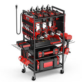 JUNNUJ Garage cart front view shows integrated charging and tool compartments for organized efficiency.