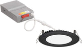Juno 4-inch wafer downlight close-up with matte black trim, ideal for modern living rooms.