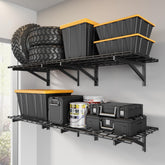 Jusgym 4-pack heavy-duty garage shelves assembled for maximum storage.