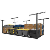 Jusgym overhead rack panel shows a sturdy 4x8ft frame ready for ceiling storage