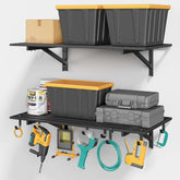 Jusgym wall-mounted shelves setup showing sturdy steel for durable garage organization